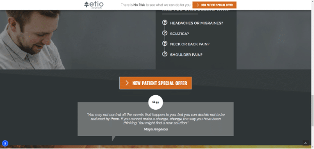 Etio Chiropractic's website displays clear calls to action for potential patients.