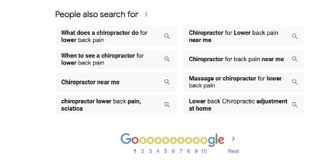 Google search results for chiropractor for back pain "people also search for"