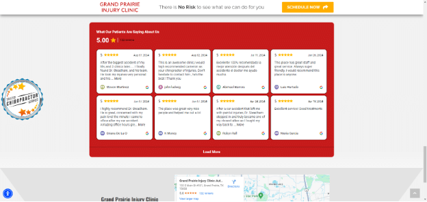 Grand Prairie Injury Clinic displays online reviews prominently to build trust.