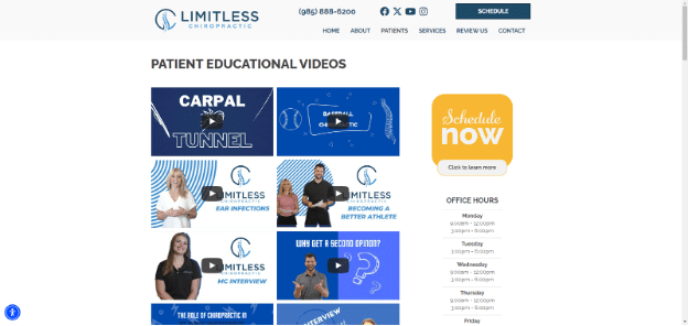 Limitless Chiropractic's website displays engaging multimedia and visuals.